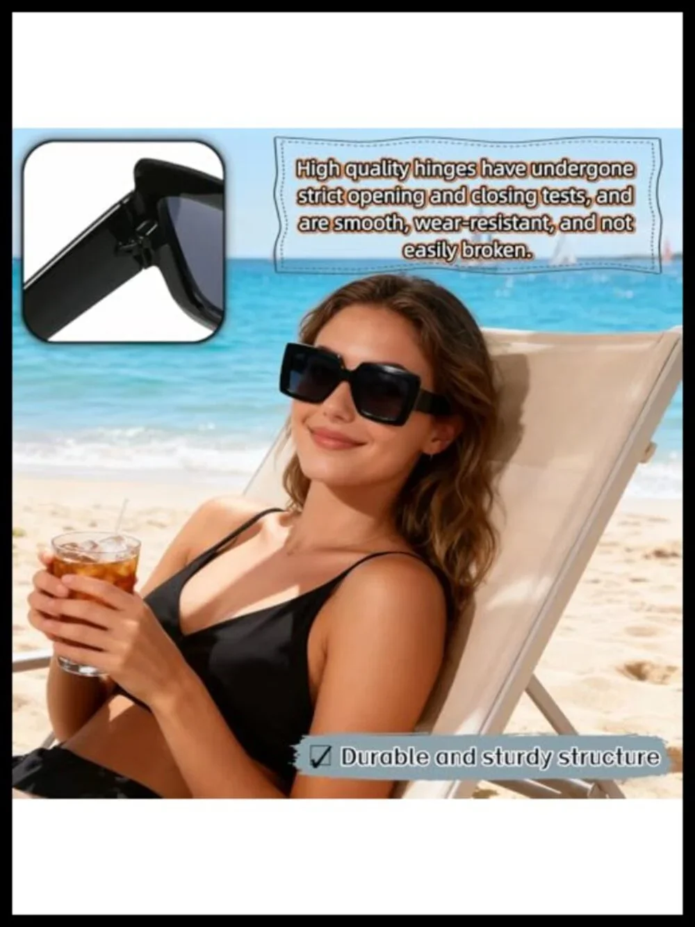 Oversized Square Sunglasses Retro UV Protection Black Frame Grey Lenses